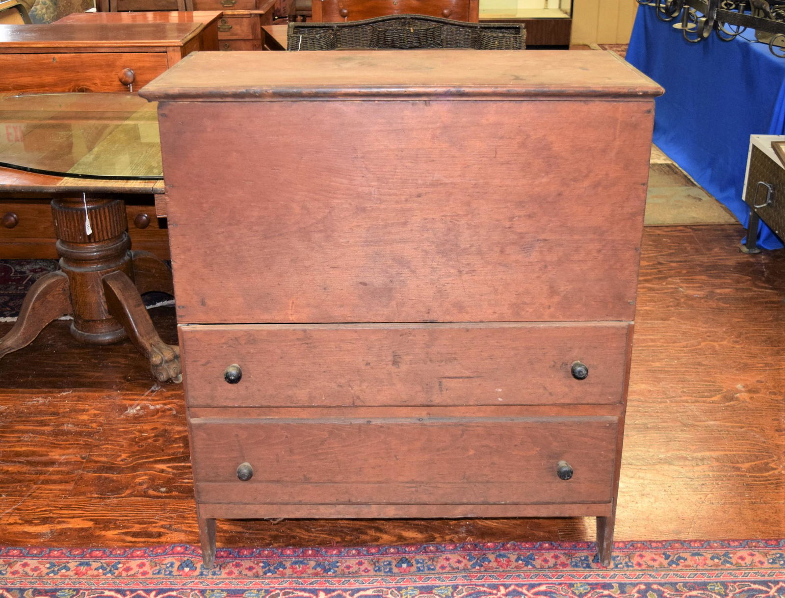 Antique Blanket Box: Antique blanket box measures approx. 42.5in T x 37.25in W x 17.5in D overall. Beautiful shaped sides at the bottom. Hinge is broken on one side and another is missing the nail. Middle hinge is attache