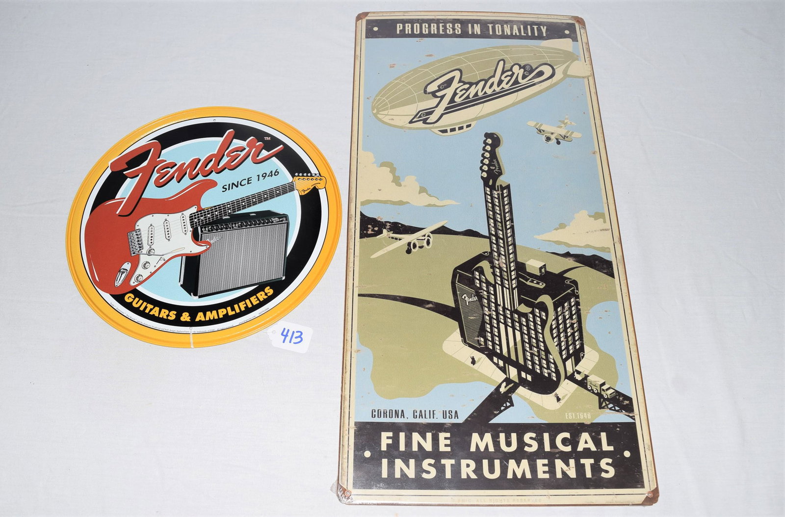 Lot of Two Fender Tin Advertising Signs (1 of 8)