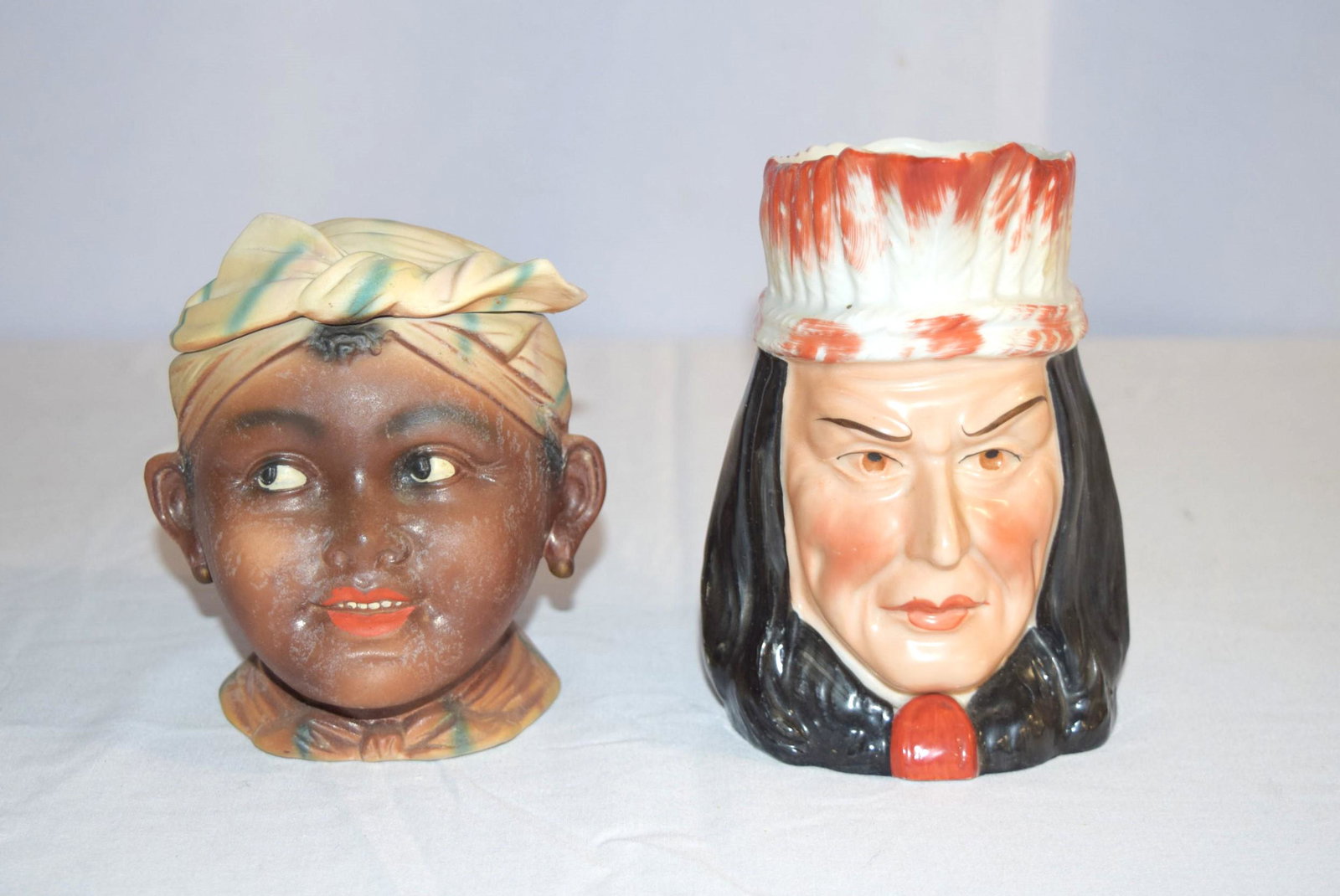 Figural Tobacco Jar Humidor and Vintage Toby Mug: Includes two figural pieces including a Vintage Native American Head Toby Mug, hallmarked on the bottom in red with a crown, a shield and the letters inside with "MADE IN GERMANY" just below. Toby Mug