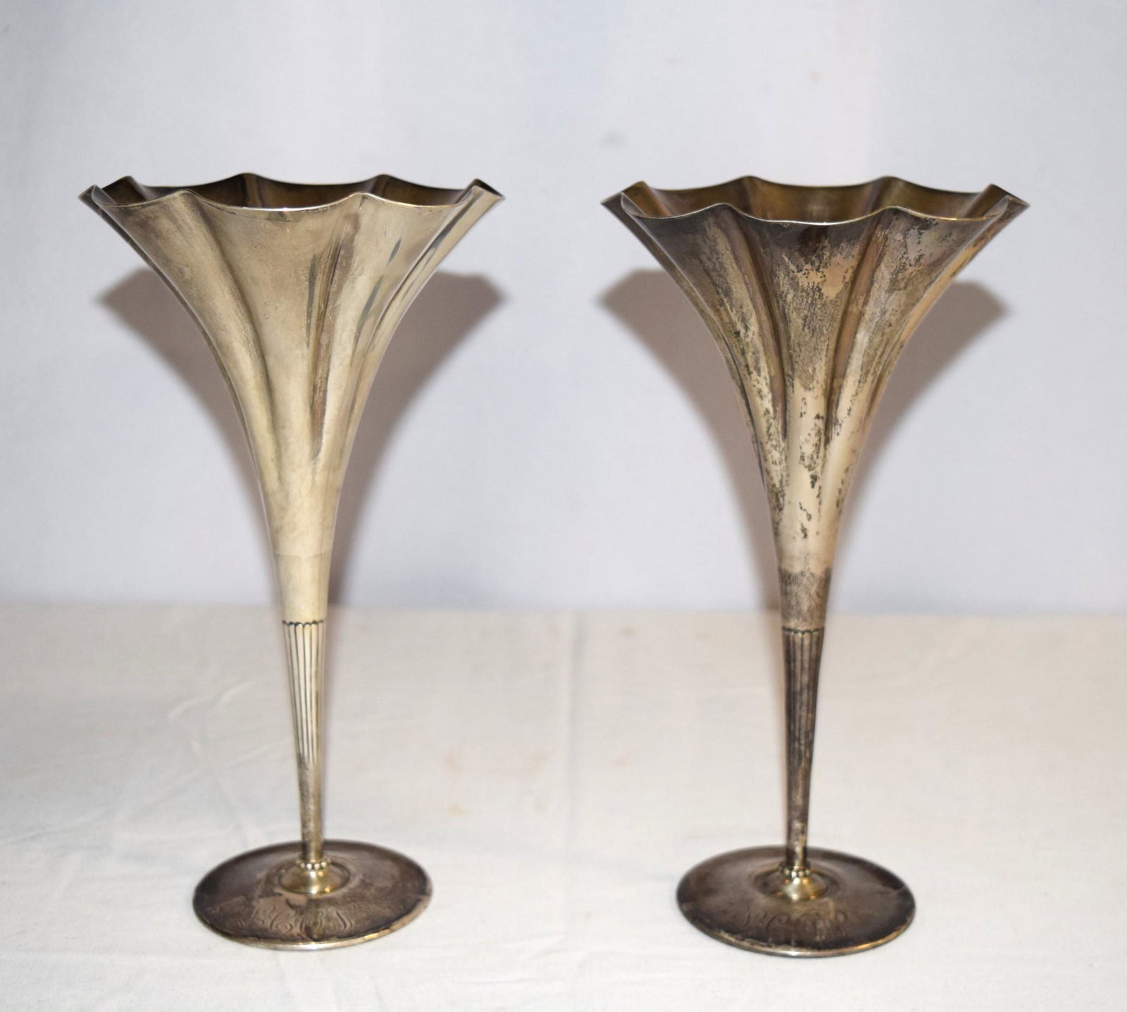 Pair of Tiffany & Co Art Noveau Sterling Silver Fluted Goblet Vases: Pair of Tiffany & Co Art Noveau Sterling Silver Fluted Goblet Vases made of solid sterling 925 with a fluted trumpet pattern. Weighing approximately 256 grams and 258 grams. These are both model 5006;