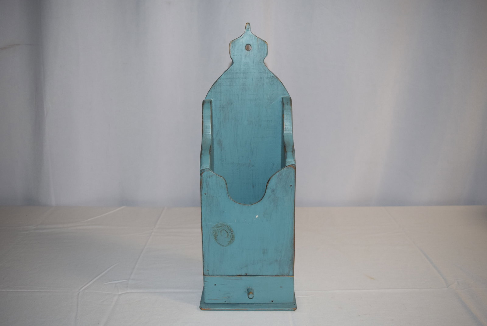 Vintage Blue Painted Wall Box: Vintage Blue Painted Wall Box that measures 17.75in T x 6.25in W x 4.25in D overall. Features a drawer on the bottom. Carved C. M. P. on the bottom. Appears in good overall condition. All items are lo