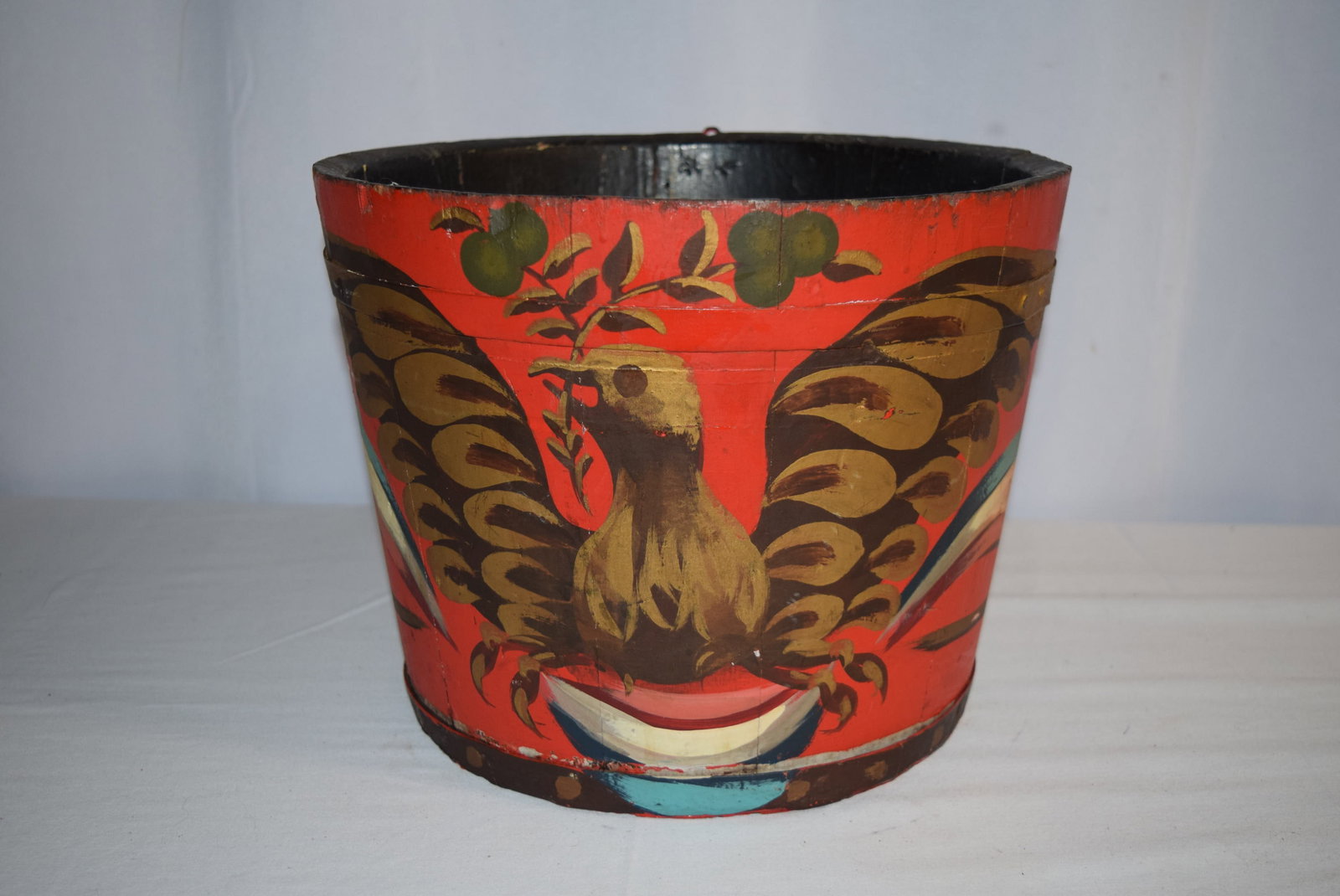 Vintage Hand Decorated Maple Sap Bucket by Tom FitzSimons: Vintage Hand Decorated Maple Sap Bucket by Tom FitzSimons. Painted black on the inside and red on the outside of the bucket with an Eagle with an olive branch in its beak and a red, white and blue rib