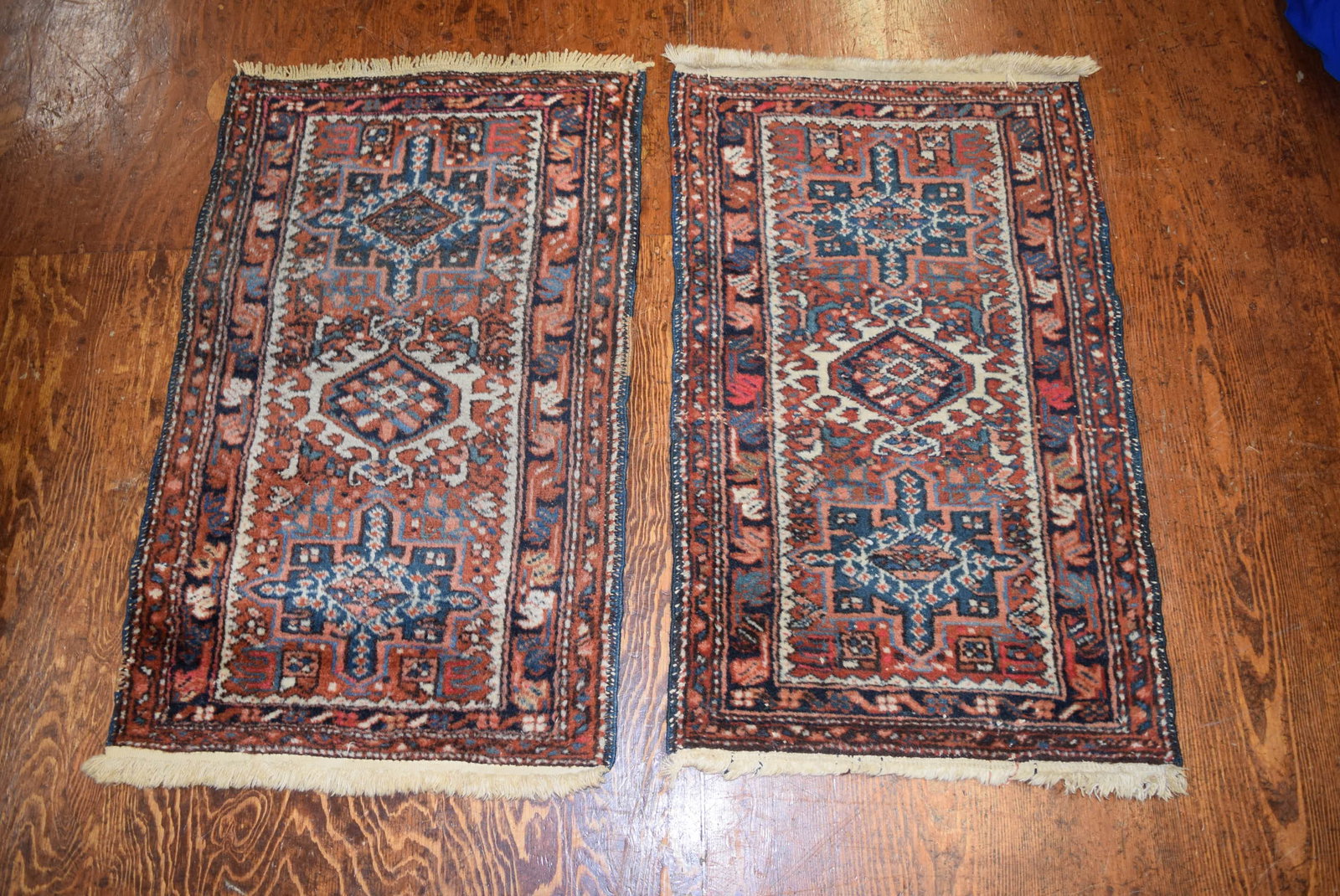 Lot of Two Antique Oriental Throw Rugs: Lot of Two Antique Oriental Throw Rugs made in Iran. Tags still intact. Both appear to be in great overall condition with wear consistent with age and use. Measures approximately 37 inches X 23.5 inch