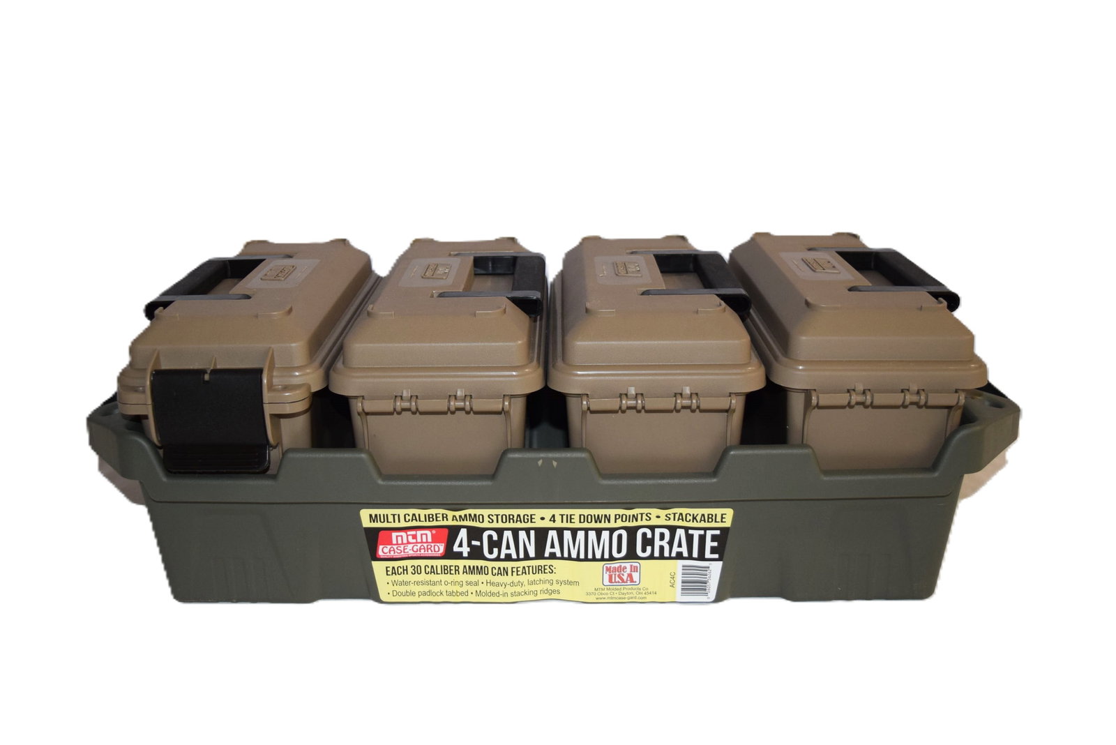 4 Can Ammo Crate Stackable Storage: 4 Can Ammo Crate Stackable Storage. Four tie down points. Multi caliber ammo storage. Each 30 caliber ammo can features: water resistant O-ring seal, heavy duty latching system, double padlock tabbed,