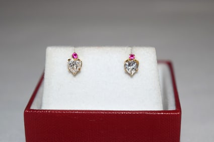 Pair of 14K Yellow Gold Heart Stone Stud Earrings