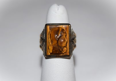 10K Carved Tigers Eye Cameo Ring