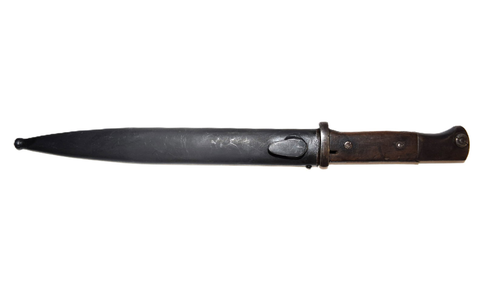 Vintage Unmarked Military Bayonet and Scabbard: Vintage Unmarked Military Bayonet and Scabbard measures approximately 14.75 inches in length without scabbard X 15.75 inches in length overall with scabbard X 9.5 inch long blade. Some normal general 