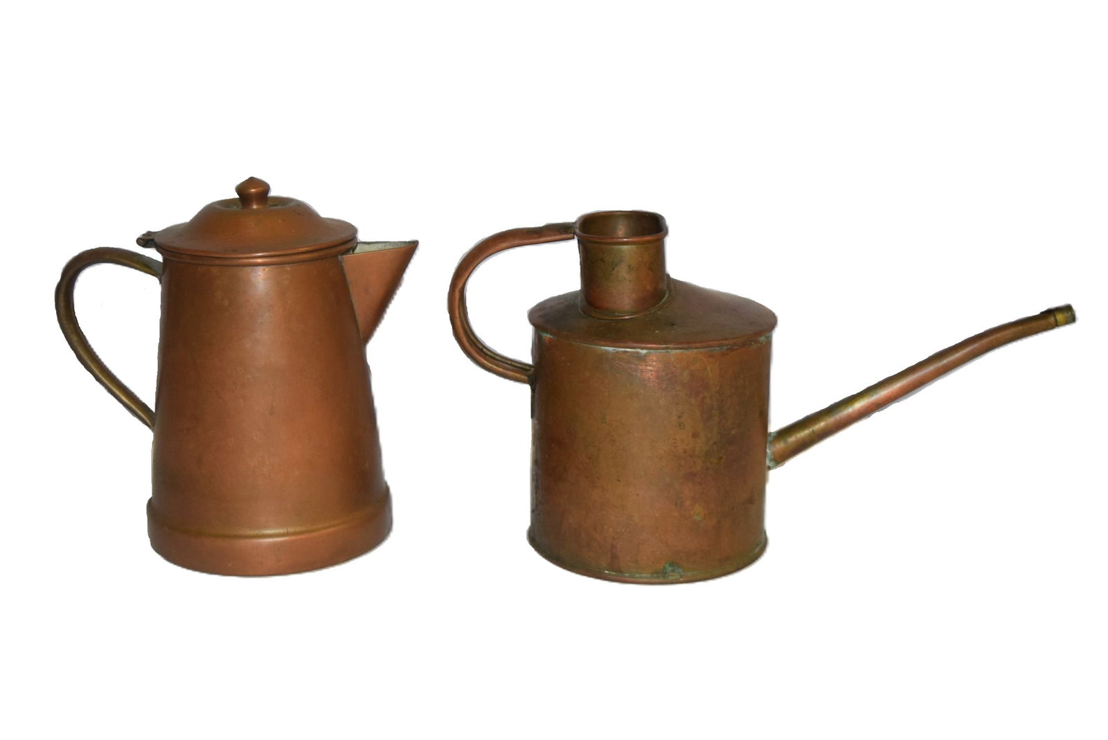 Vintage Copper Watering Can and Lidded Portugal Coffee Pot: Vintage Copper Watering Can and Lidded Portugal Coffee Pot. Coffee Pot is stamped on bottom " Made in Portugal R 97" and measures approximately 6.25 inches tall without cover X 5 inches round on its b