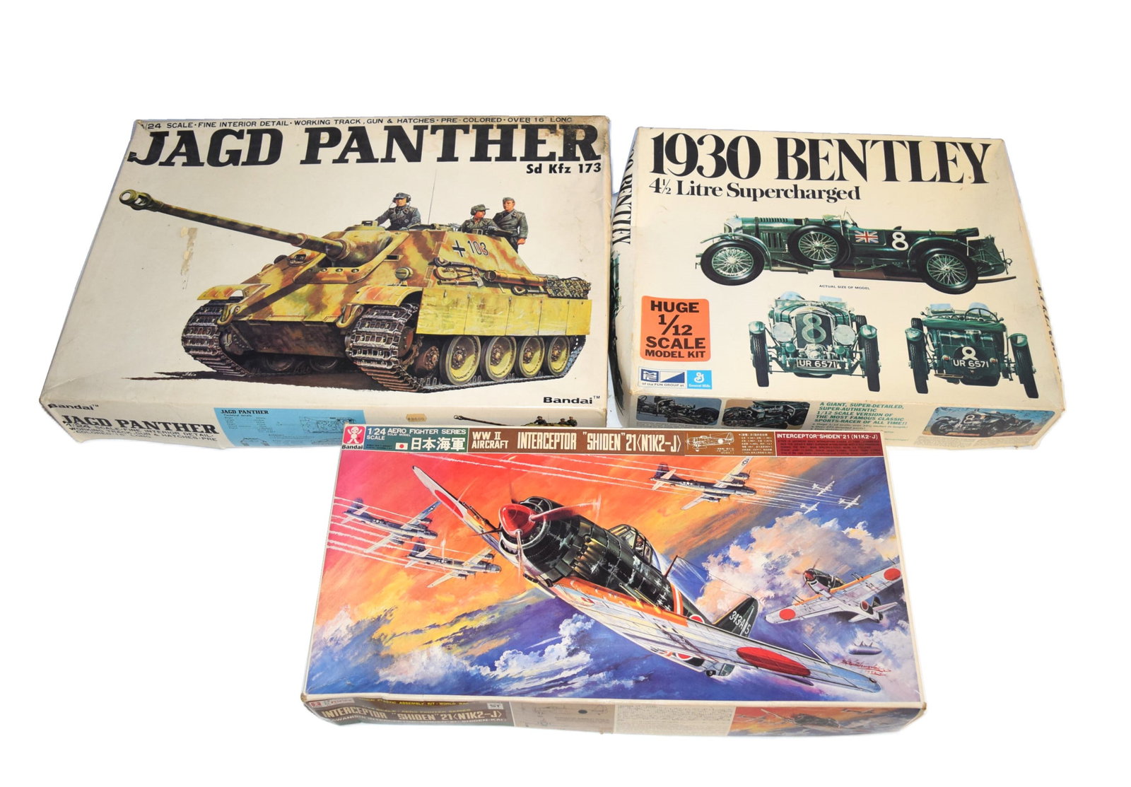 Lot of Three Scale Model Kits in Original Boxes: Lot of Three Scale Model Kits in Original Boxes, to include: General Mills "1930 Bentley 4 1/2 Litre Supercharged" 1/12 Scale Model Kit, Bandai WWII Aircraft "Shiden" 21 (N1K2-J) 1/24 Scale Model Kit,
