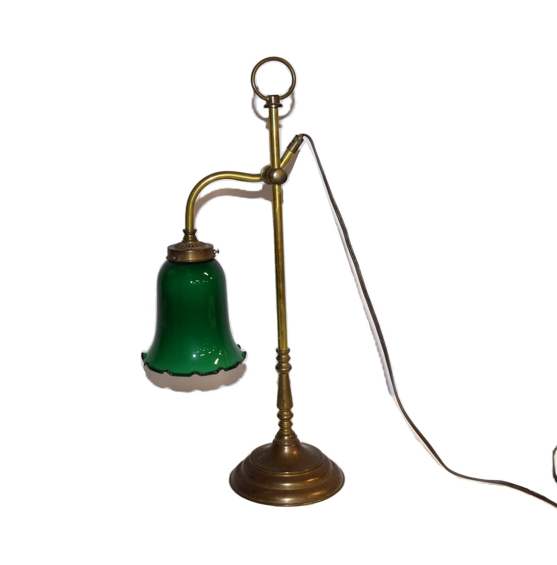Vintage Brass Desk Lamp With Green Glass Tulip Shade: Vintage Brass Desk Lamp With Green Glass Tulip Shade measures approximately 20.75 inches tall X 5.75 inches round on base X 5.25 inches round on shade. Features a swan neck with the deep green lamp sh