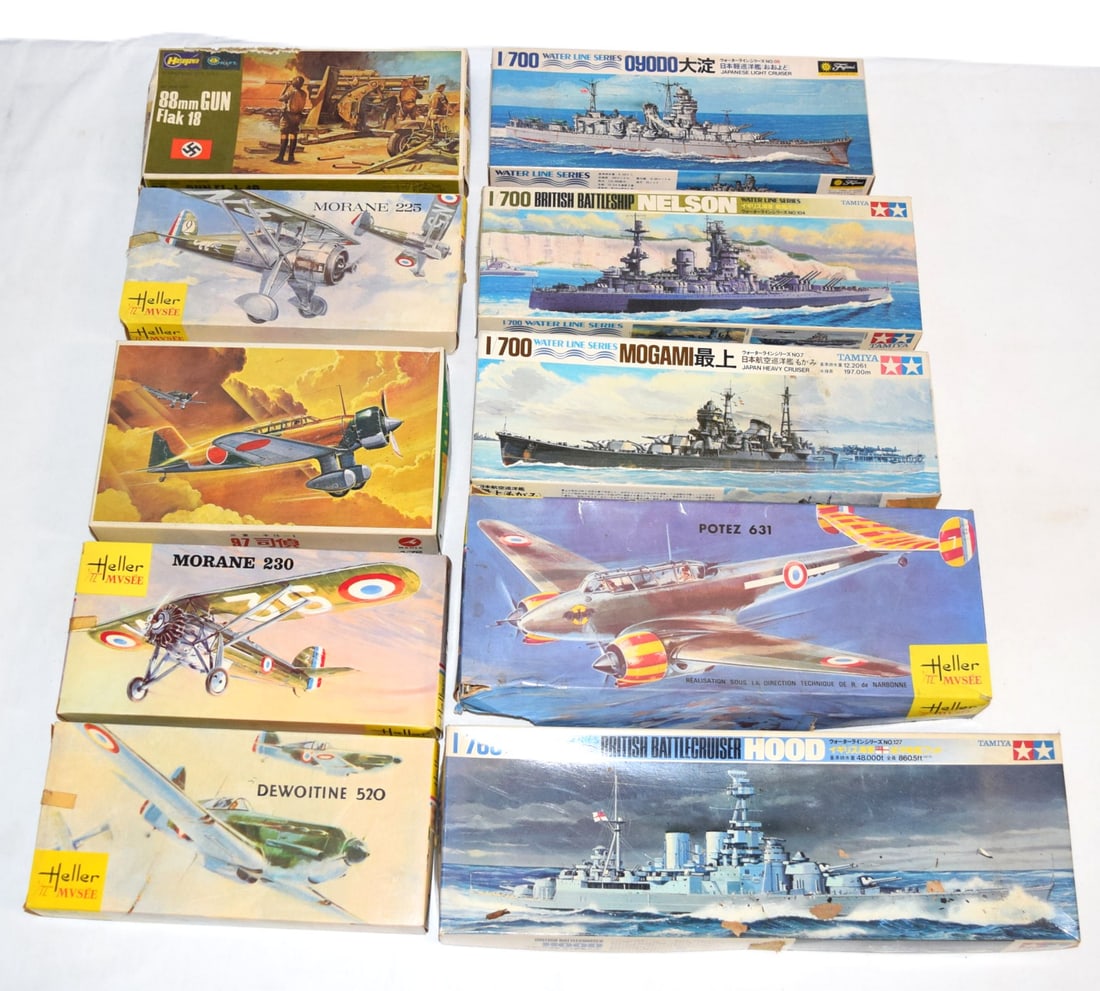 Lot of Ten Scale Model Kits in Original Boxes: Lot of Ten Scale Model Kits in Original Boxes to include: a Heller Dewoitine 520 1/72 Scale Model Kit, a Heller Morane 230 1/72 Scale Model Kit, a Heller Morane 225 1/72 Scale Plane Kit, a Hasegawa Mi