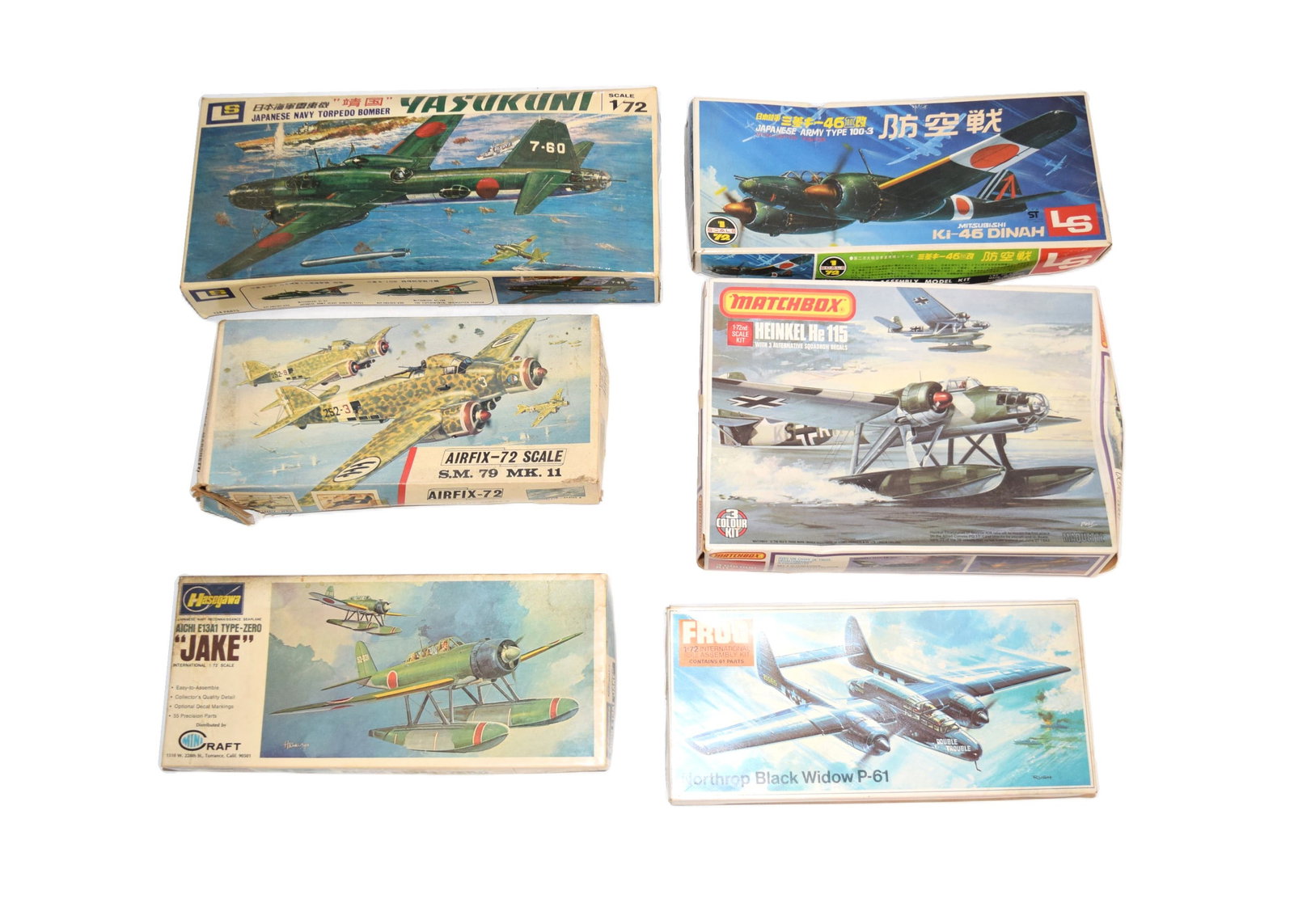 Lot of Six Scale Model Kits in Original Boxes: Lot of Six Scale Model Kits in Original Boxes to include: a FROG 1/72 International Assembly Kit "Northrop Black Widow P-61" Model Kit, a Matchbox "Hinkel He 115" 1/72 Scale Kit, LS Japanese Army Type