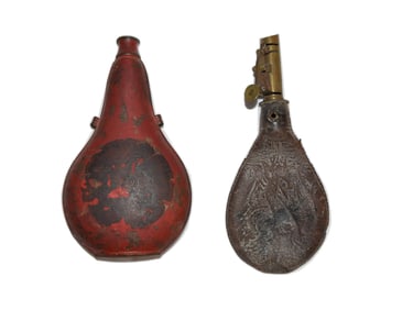 AM Flask & Cap Co. and Antique Red Painted Black Powder Flask