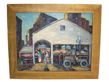 Vintage Marketplace Scene Oil On Canvas, Framed, Artist Signed