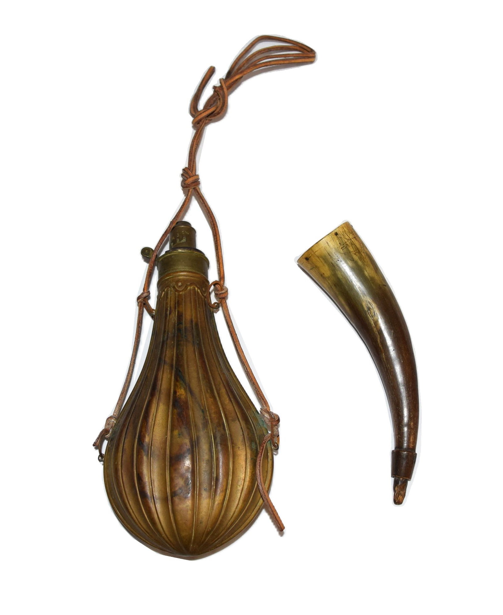 Antique Powder Horn and Brass Powder Keg: Lot includes a beautiful well preserved Antique Powder Horn measuring approximately 7.5 inches long overall X 1.75 inches round at its widest point, along with a Brass Powder Keg measuring approximate