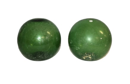 Pair of Antique Green Hand Blown Glass Fishing Float Balls