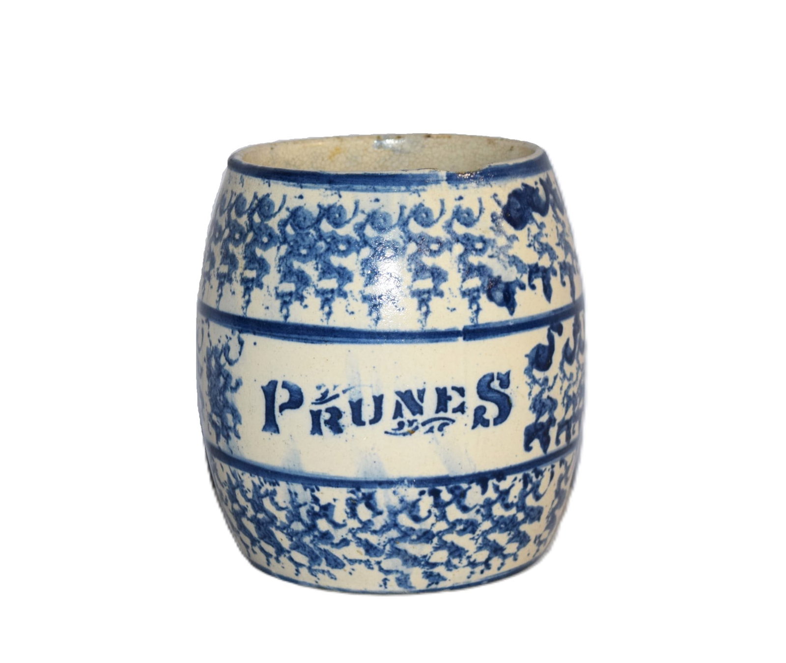 Vintage Spongeware Prune Jar: Vintage Spongeware Prune Jar measures approximately 7.25 inches tall X 5.5 inches round on top X 5.5 inches round on base. There are some chips along the rim and some stress cracks that do not seem to