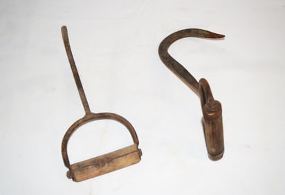 Lot of Two Vintage Antique Wooden Handled Log Hooks