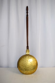 Antique Engraved Brass Bed Warmer, Turned Handle