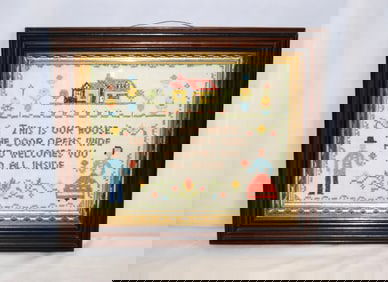 Vintage "Welcome" Cross Stitch Sampler, Framed
