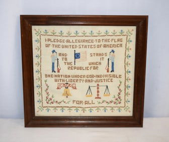 Vintage U.S. "Pledge Of Allegiance" Needlepoint Sampler Framed