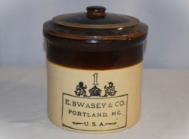 E. Swasey & Co. Portland ME USA 1 Gallon Lidded Stoneware Crock