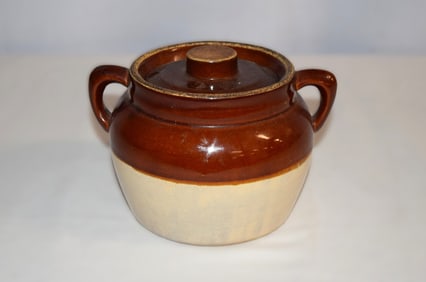 Vintage Stoneware Double Handled Lidded Bean Pot Crock
