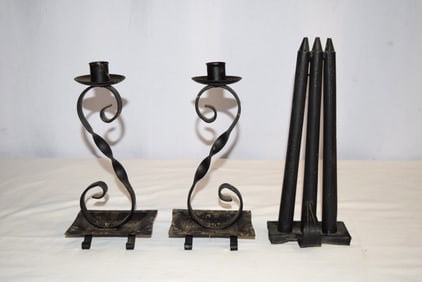 Vintage Pair of Gothic Style Candlestick Holders and Candle Mold