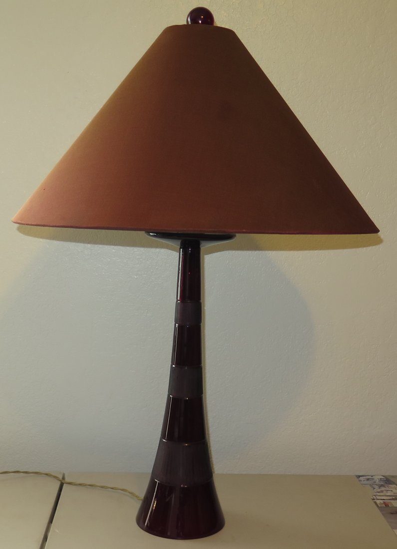 John Hutton Red Murano Art Glass Modernist Table Lamp: About 31 inches Height by 6 inches wide at the base. Lamp shade is 21 inches round