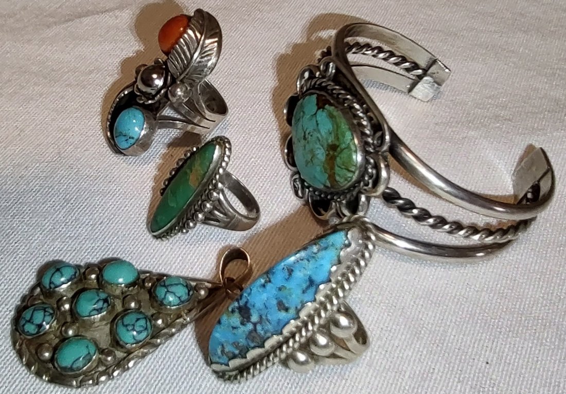 Native American Navajo Sterling Silver Turquoise Bracelet Rings Pendant Jewelry Lot of 5 (1 of 10)