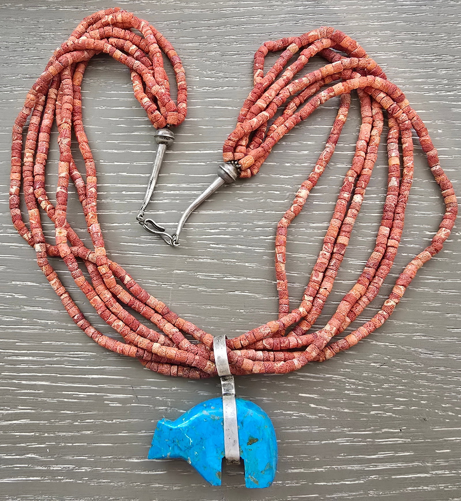 Vintage Native American Multi-Strand Coral Necklace with Large Hand-Carved Turquoise Bear Pendant (1 of 2)