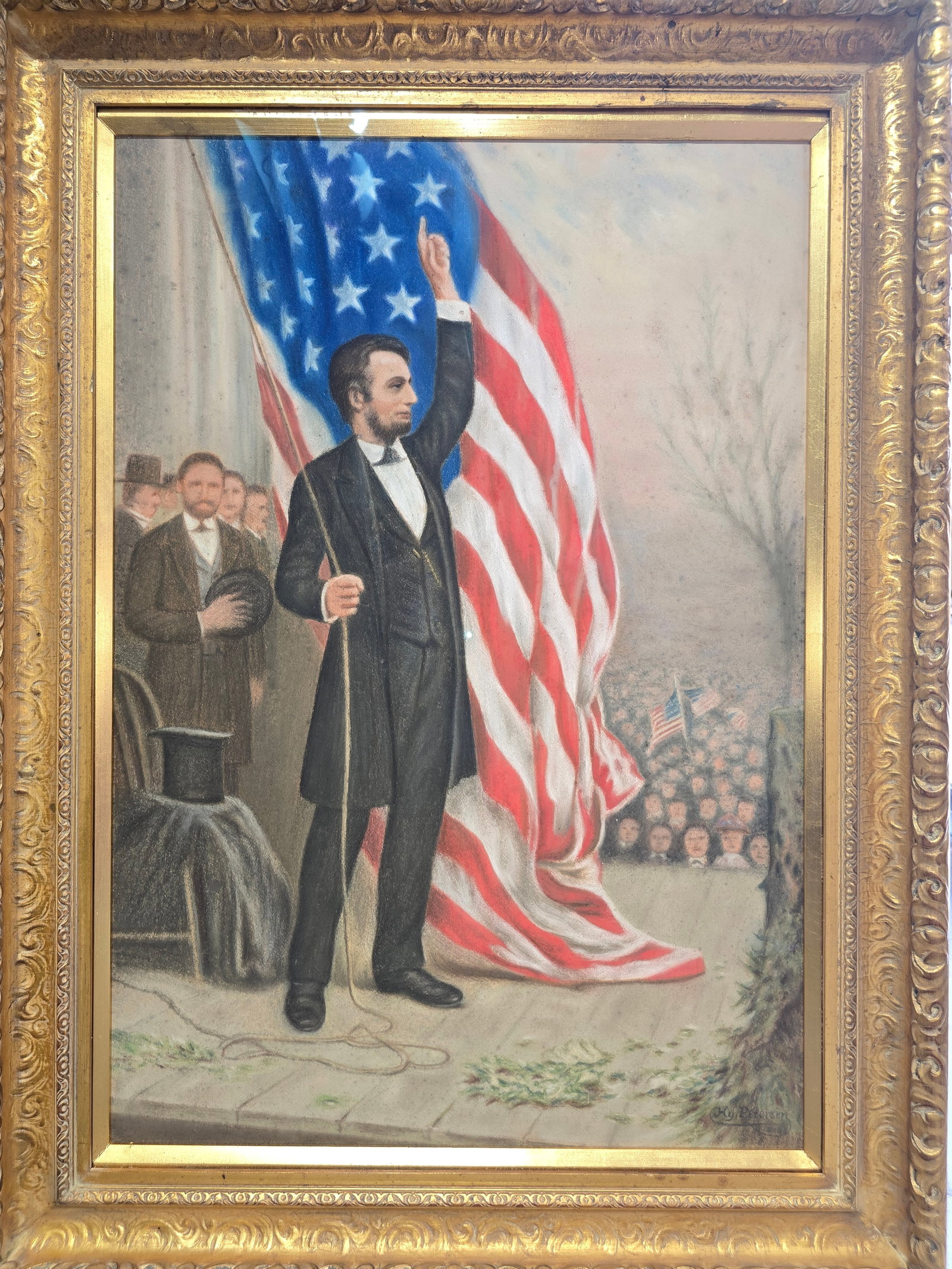 Abraham Lincoln Patriotic Oil Painting: An original patriotic oil painting depicting President Abraham Lincoln delivering one of his most iconic public addresses before a large assembled crowd beneath a prominently displayed American flag. 