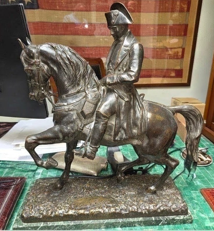 Léon Batti Napoleon Equestrian Bronze: ITEM DESCRIPTION Artist: Léon Batti Title / Subject: Napoleon Bonaparte on Horseback Date: Circa 1885 / Late 19th Century Medium: Patinated bronze mounted on a shaped marble p