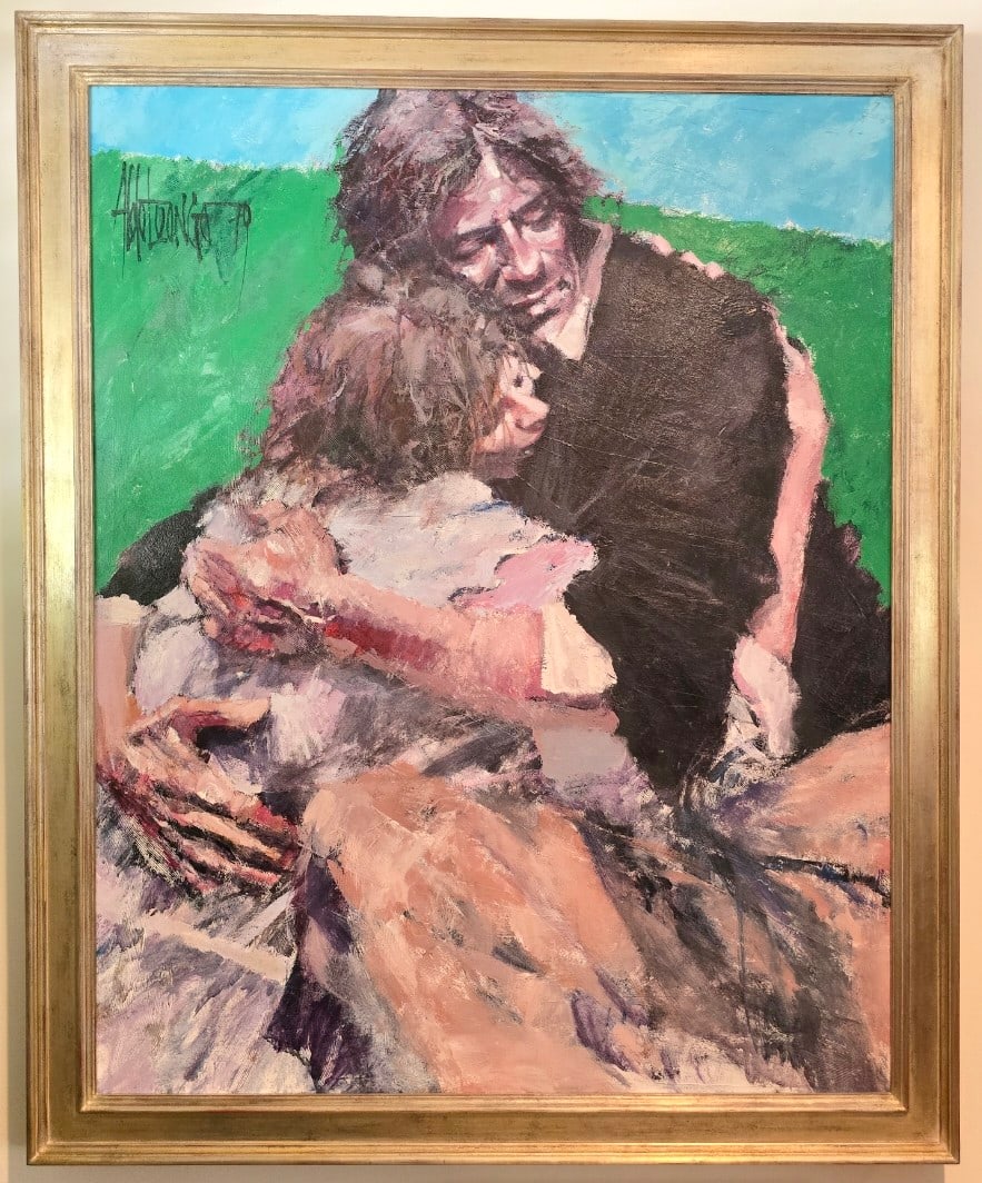 Aldo Luongo Large Oil on Canvas: Aldo Luongo (Argentinian/American, b. 1941) Impressive large-scale original oil on canvas by noted figurative artist Aldo Luongo, depicting an embracing couple seated together in a dramatic and intima