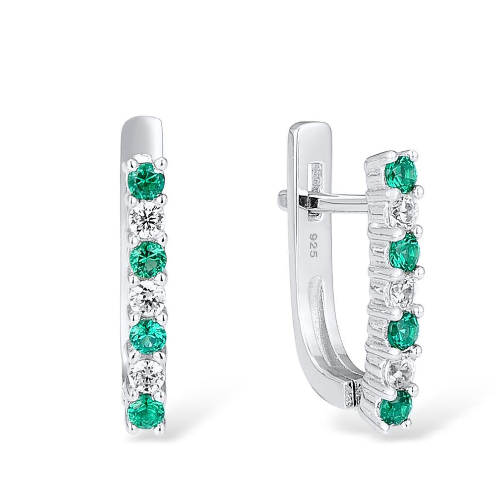 A STERLING SILVER AND CUBIC ZIRCONIA EARRINGS.: [Metal Type] 100% 925 Sterling Silver [Metal Plating] White Rhodium Plated [Measurement] 4.2L x 16.79H(mm) [Main Stones] Round White Cubic Zirconia CZ Diamond 6pcs [Round Green spinel] 8pcs [Stones Se