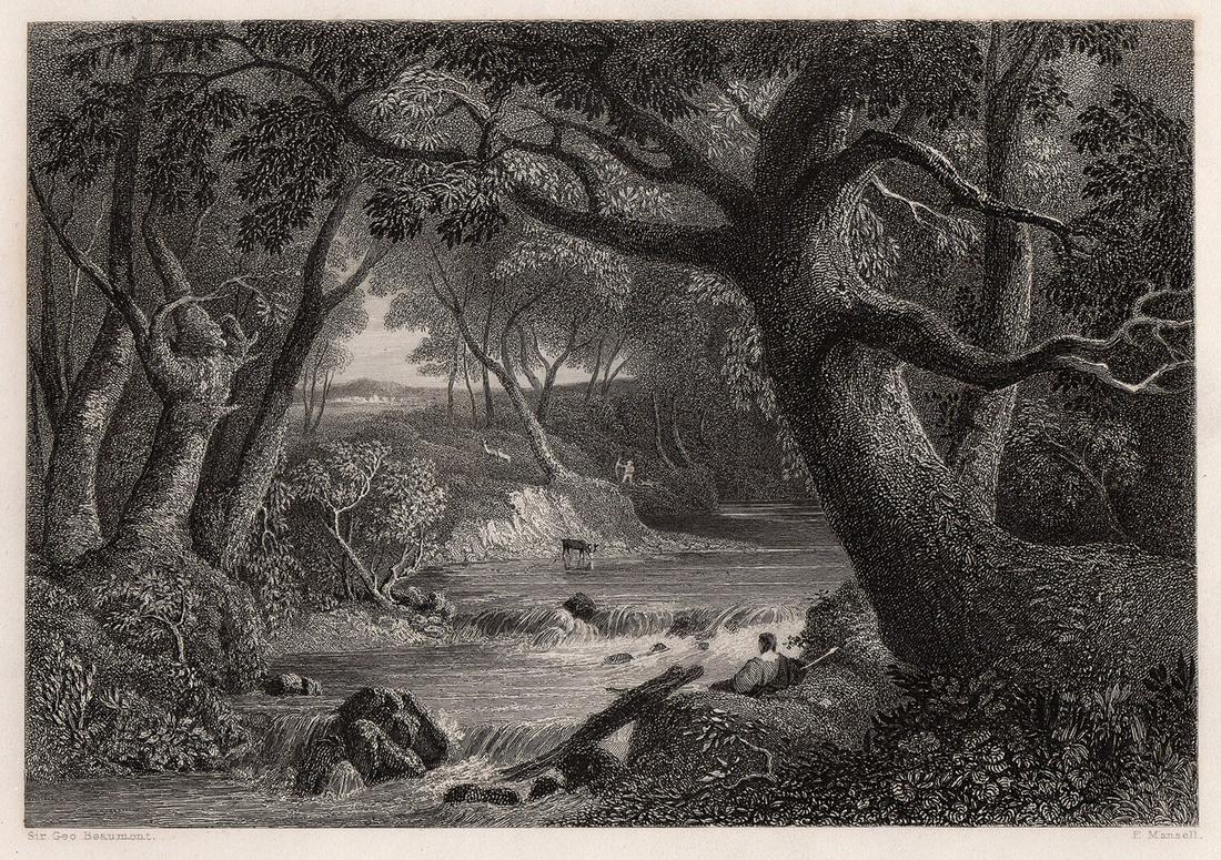 A 1800s GEORGE BEAUMONT ENGRAVING JACQUES & WOUNDED: [Artist: Sir George Howland Beaumont, 7th Baronet (British, 1753-1827)] [Title: Landscape with Jacques and the Wounded Stag (A Landscape)] [Medium: Antique steel engraving on wove paper after the orig