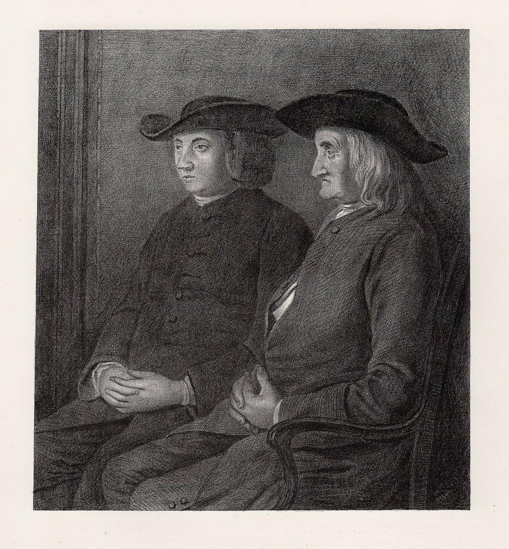 A 1800s BENJAMIN LITHOGRAPH FATHER & BROTHER OF: [Artist: Benjamin West] [Title: The Father and Brother of Benjamin West] [Medium: Antique stone lithograph after the original by Edward H. Mitchell.] [Year: 1873] [Condition: Excellent] [Dimensions: I