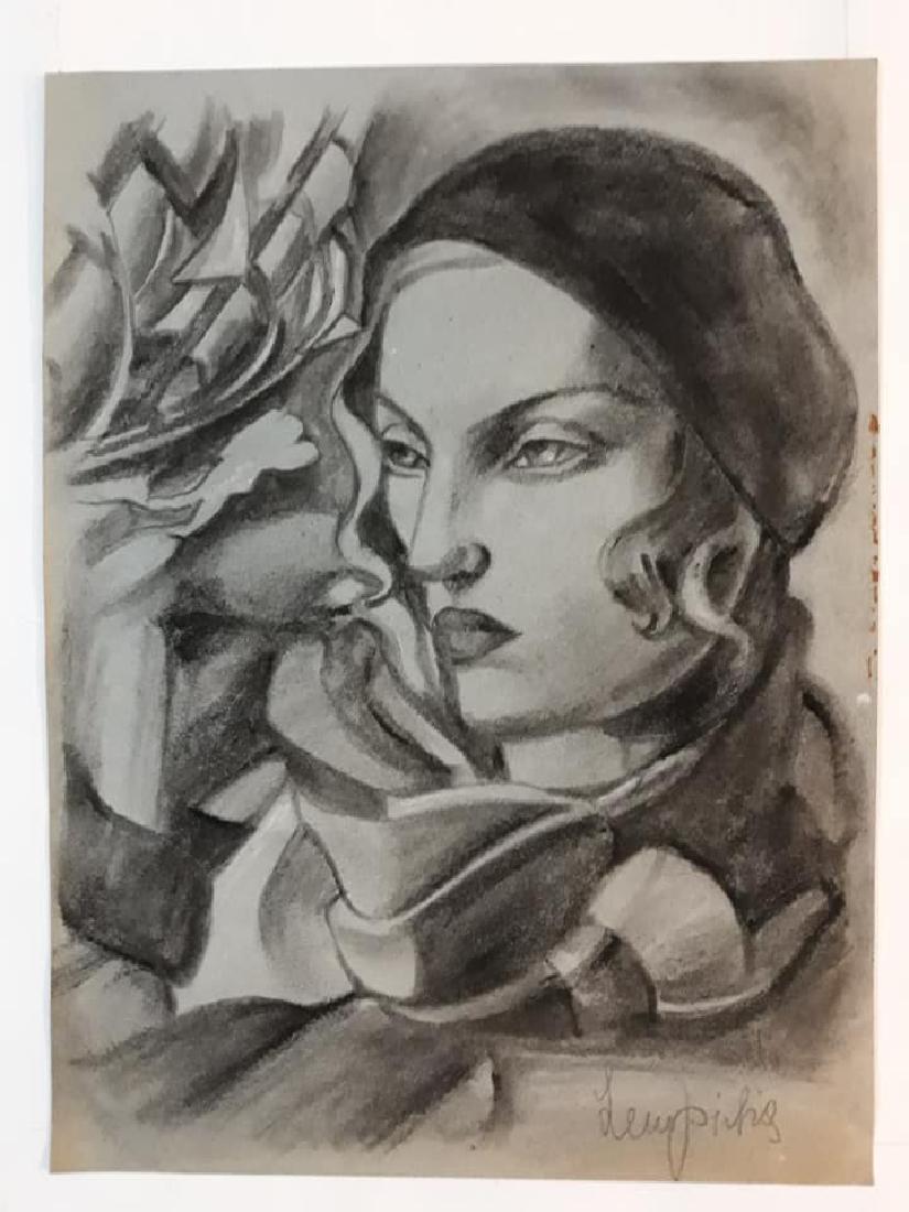 In the style of Tamara De Lempicka Polish (1898-1980): Featuring a portrait of woman - Attributes: Signed on the lower right, attributed to Tamara De Lempicka. Estate stamp on Darius Talyarken on verso - Media: Charcoal and chalk on paper - Condition: Goo
