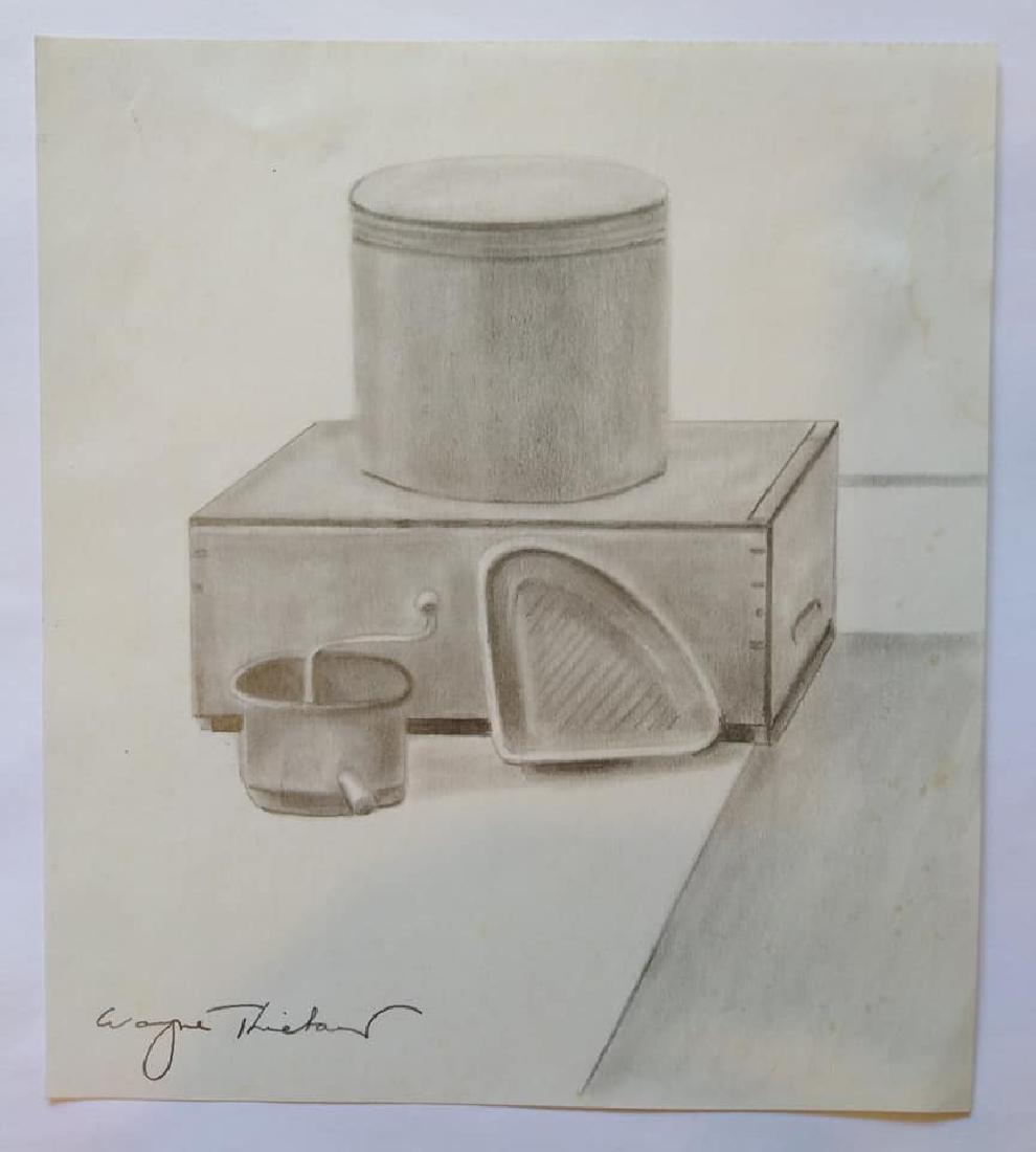 In the style of Wayne Thiebaud American (1920-Present): Featuring kitchen items - Attributes: Signed on the lower left. After Wayne Thiebaud - Media: Graphite on paper - Condition: Good condition - Provenance: Private collection, South America - Dimensions