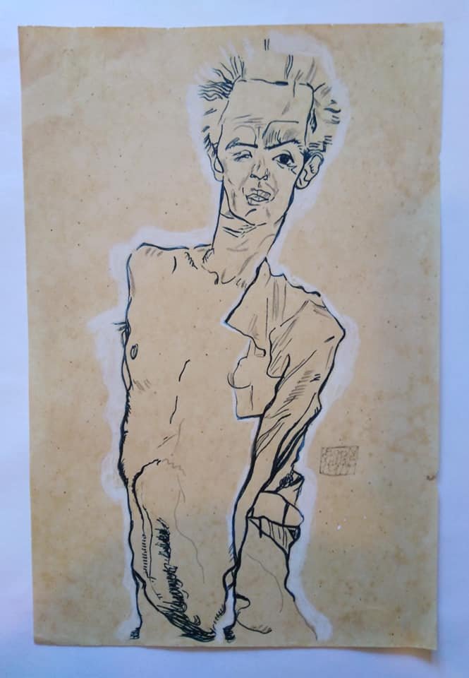 After Egon Schiele Austrian (1890-1918) Mixed: Attributes: Signed lower center. After Egon Schiele - Media: Watercolor on paper - Condition: Fair condition, slight foxing and staining - Provenance: Private collection, South America - Dimensions (c