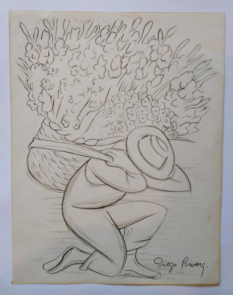 After Diego Rivera Mexican (1886-1957): eaturing a man carrying bushel of flowers - Attributes: Signed on the lower right. After Diego Rivera - Media: Graphite on paper - Condition: Good condition - Provenance: Private collection, South Ame