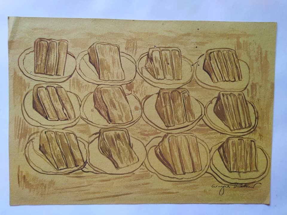 Wayne Thiebaud American (1920-Present): Featuring multiple cakes - Attributes: Signed on lower right. After Wayne Thiebaud - Media: Watercolor on card - Dimensions metric: 28.0 by 19.2 cm - Dimensions imperial: 11 by 7 1/2 inches - Artist b