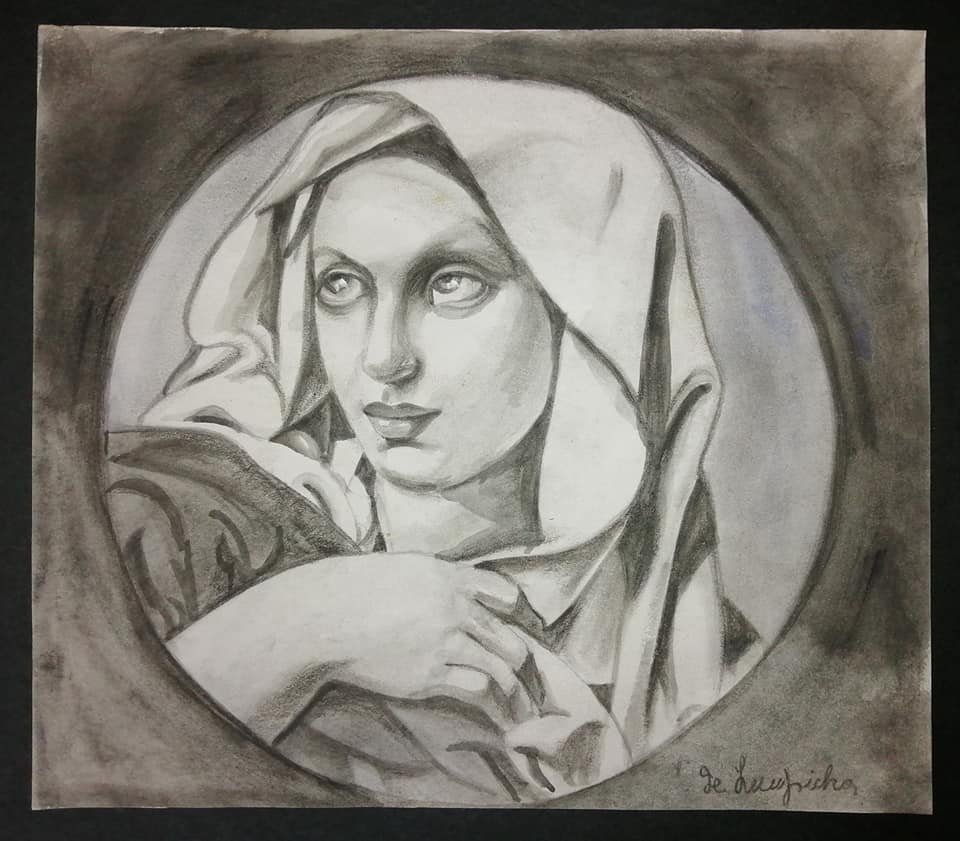 Tamara De Lempicka Polish (1898-1980): Featuring a portrait of woman - Attributes: Signed on the lower right, attributed to Tamara De Lempicka. Estate stamp on Darius Talyarken on verso - Media: Charcoal and chalk on paper - Condition: Goo