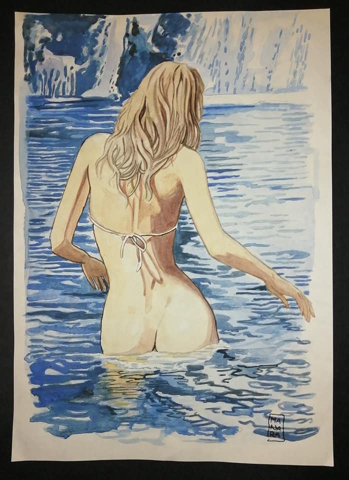 Milo Manara. Italian - Gouche: Attributes: Signed on the lower. After Milo Manara - Medium: Gouche And Watercolorr - Condition: Good condition, slight yellowing - Provenance: Private collection, South America - Dimensions (cm): 22 