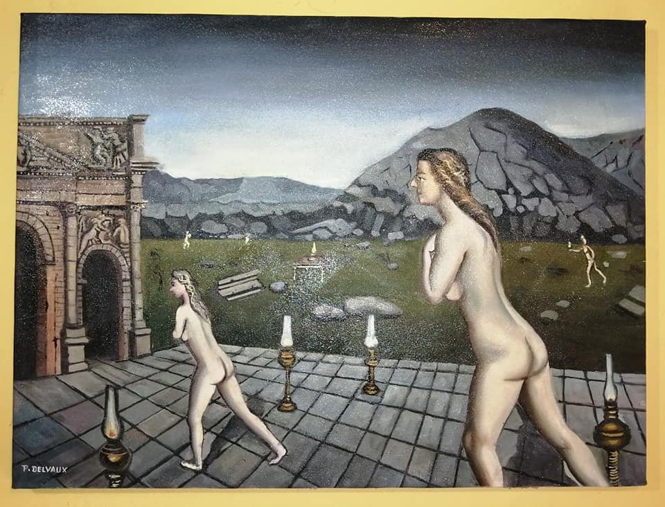 Signed Paul Delvaux, Oil Painting on Canvas: Signed P. Delvaux, Paul Delvaux, (1897-1994), Belgium, was known for surrealist and nude figure painting. Unframed, 29" x 21 3/4" . Private Collection..................................................