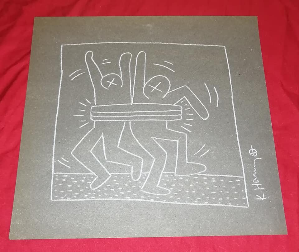 Keith Haring (American, 1958-1990) Chalk on paper: Untitled - chalk on paper 9 1/4 x 9 1/2 in. Sell as attributed or style of the artist, Keith Haring was an American artist and social activist whose work responded to the New York City street culture