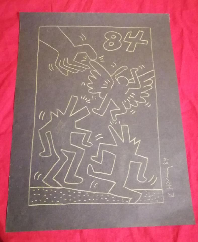Keith Haring (American, 1958-1990) Chalk on paper: Untitled - chalk on paper 13 x 9 3/4 in. Sell as attributed or style of the artist, Keith Haring was an American artist and social activist whose work responded to the New York City street culture of