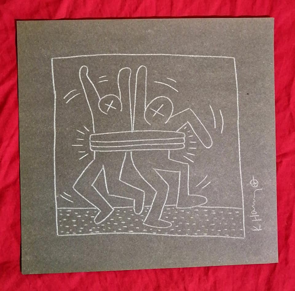 Keith Haring (American, 1958-1990) Chalk on paper: Untitled - chalk on paper 9 1/4 x 9 1/2 in. Sell as attributed or style of the artist, Keith Haring was an American artist and social activist whose work responded to the New York City street culture