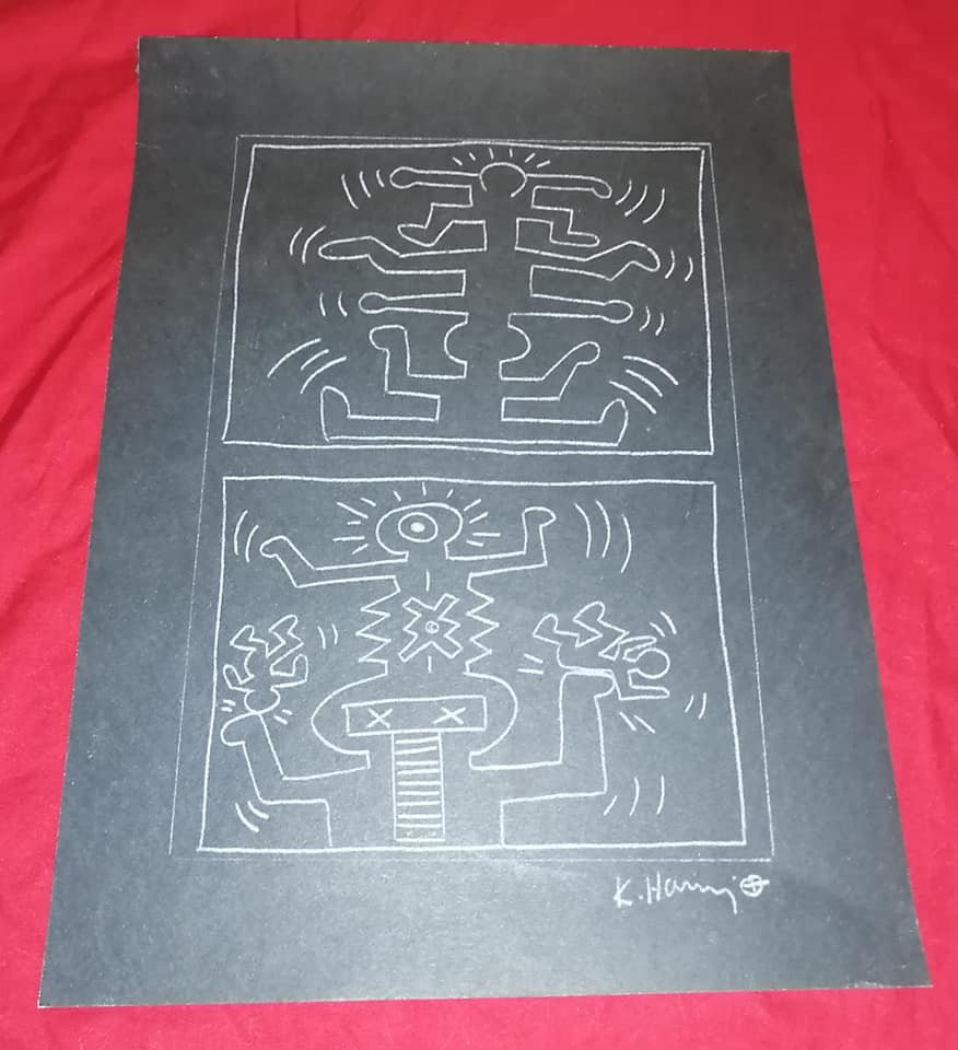 Keith Haring (American, 1958-1990) Chalk on paper: Untitled - chalk on paper 13 x 9 1/2 in. Sell as attributed or style of the artist, Keith Haring was an American artist and social activist whose work responded to the New York City street culture of