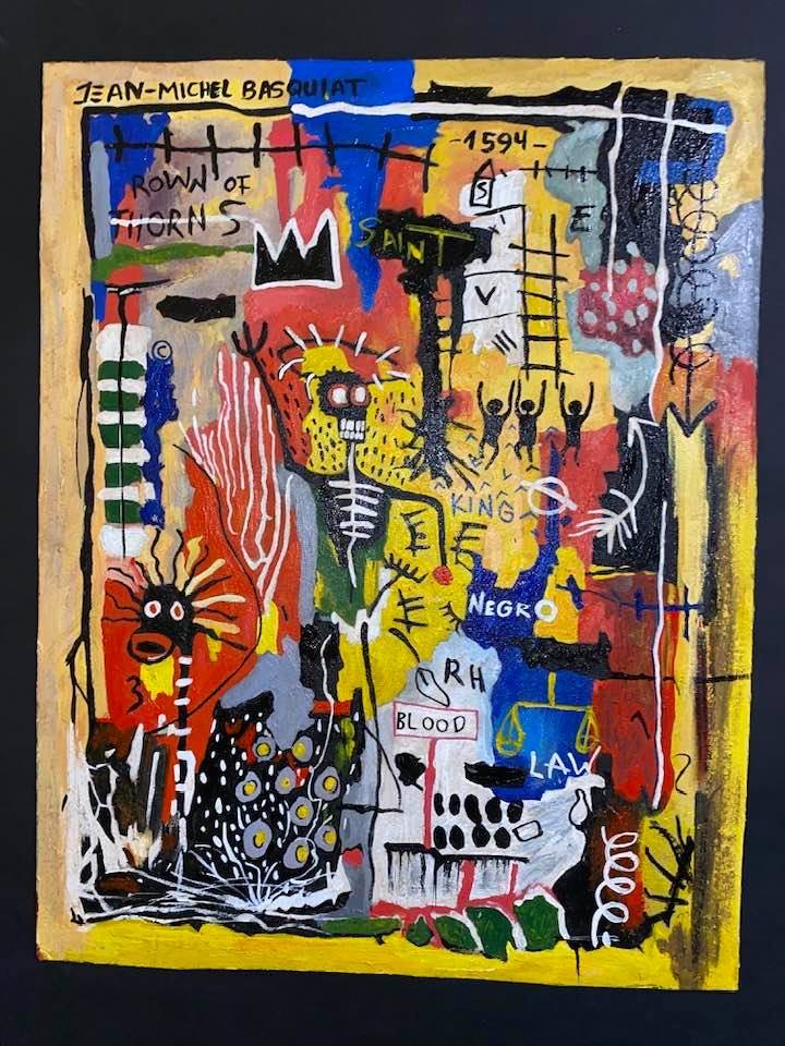 Jean-Michel Basquiat Oil on Cardboard: Oil on cardboard 17 3/4 x 13 3/4 in. Sell as attributed or style of the artist Jean-Michel Basquiat (December 22, 1960 – August 12, 1988) was an American artist of Haitian and Puerto Rican descent. 